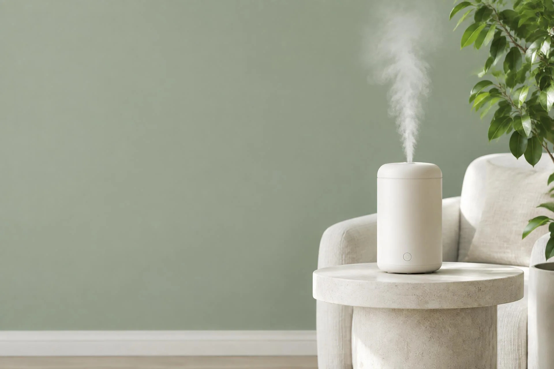 An ivory humidifier releasing a gentle mist beside a linen chair and green houseplant.